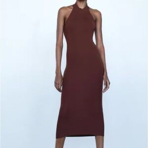 Zara Woman’s Maroon Knit Halter Neck Midi Body Con Dress